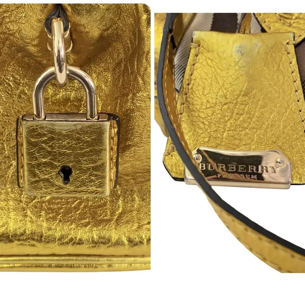 Burberry Prorsum Metallic Gold House Check Leather Bowling Bag w/ Lock & Key COA
